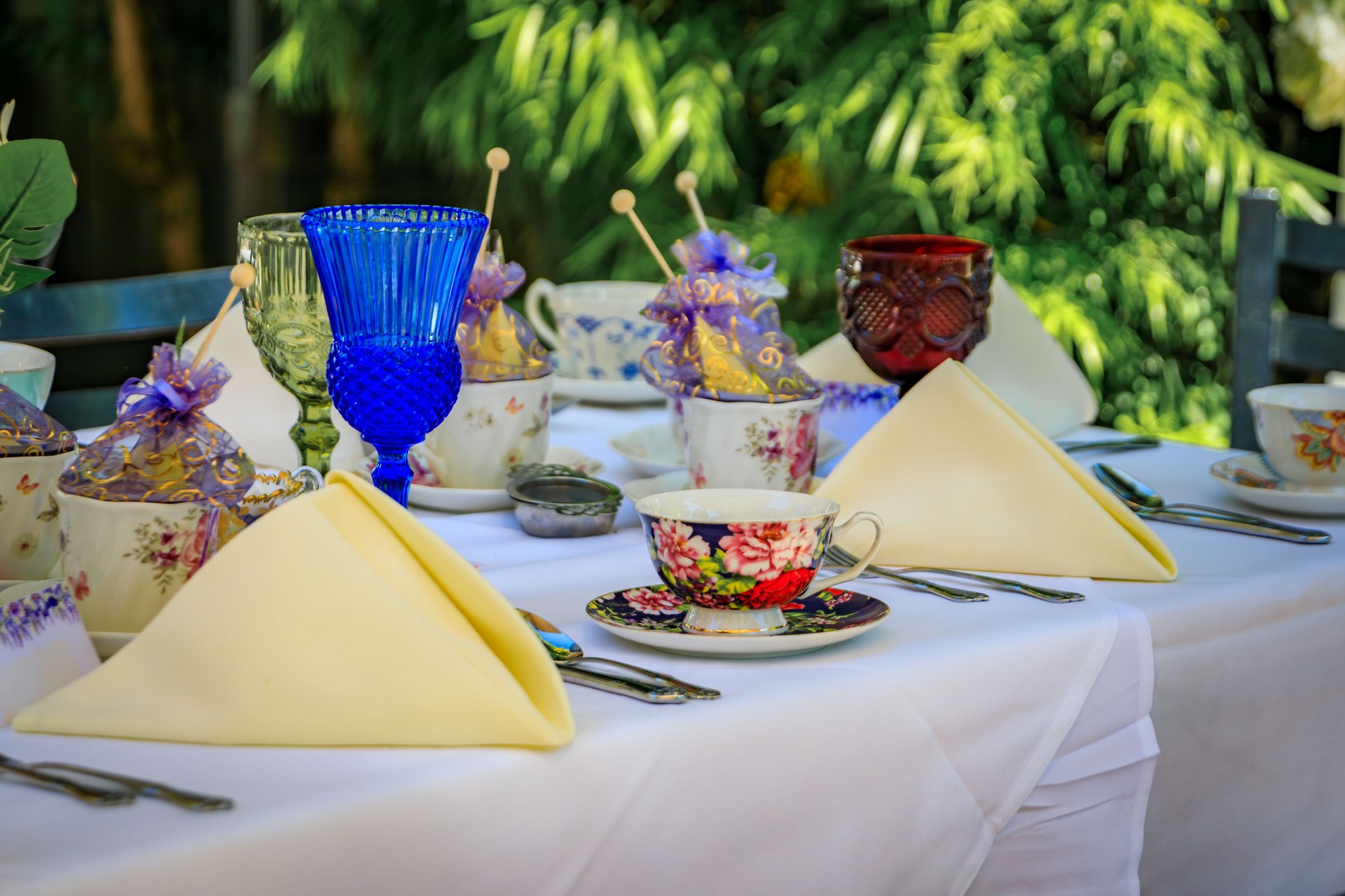 San Juan Capistrano restaurant table, set for celebration with vintage teacups