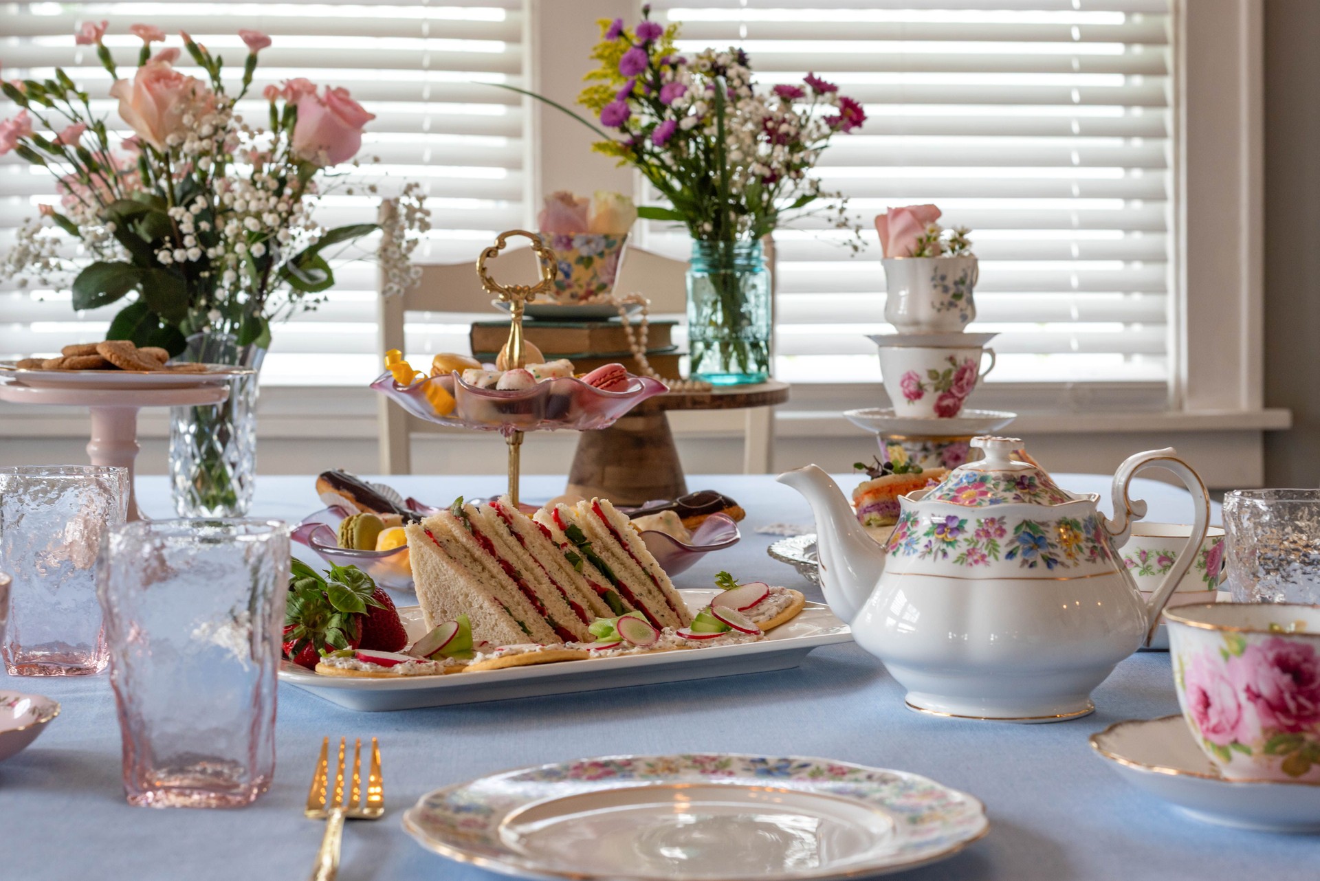 Tea party using vintage china and glassware